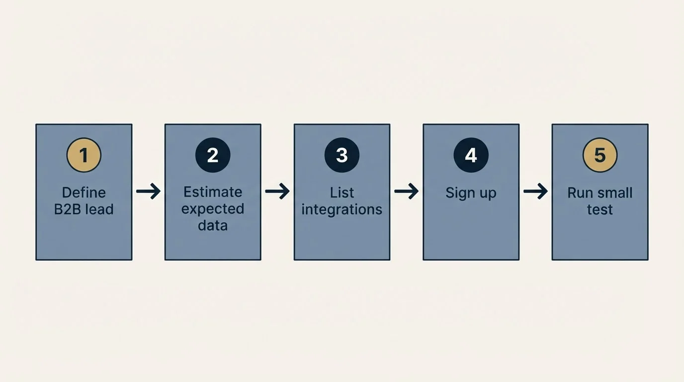Step sequence: Getting Started Checklist (Define B2B lead, Estimate expected data, List integrations, Sign up)