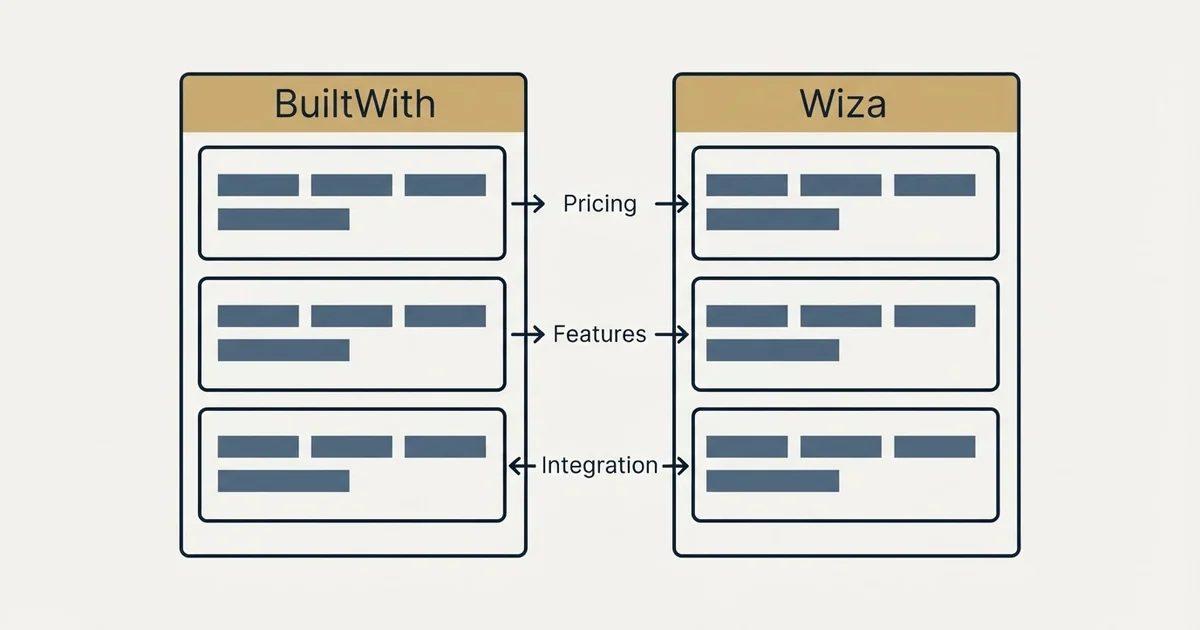 Comparison panel: BuiltWith vs Wiza (Pricing, Features, Integration)