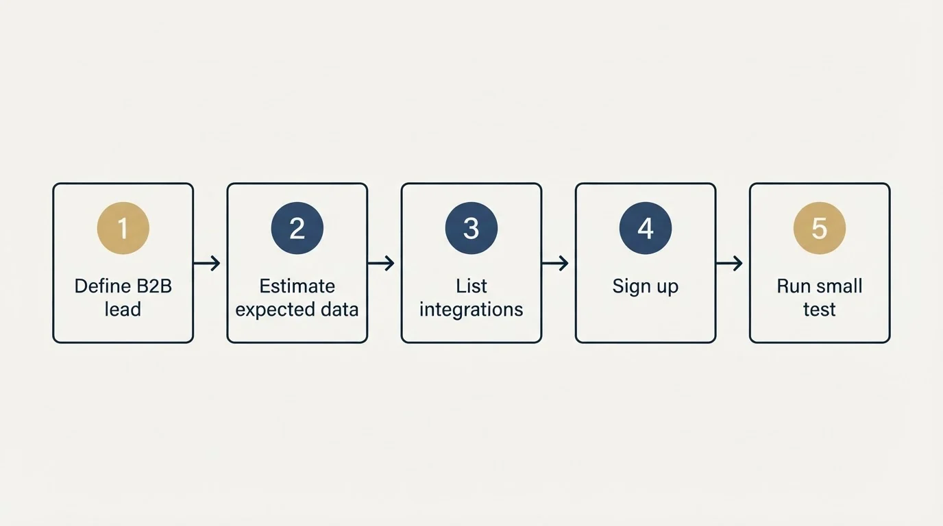 Step sequence: Getting Started Checklist (Define B2B lead, Estimate expected data, List integrations, Sign up)