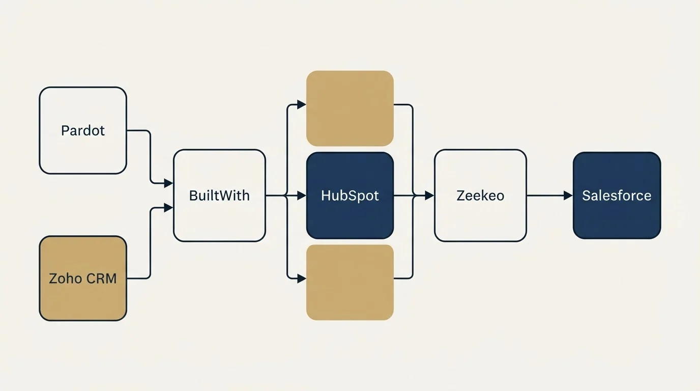 Integration flow: Integration Ecosystem (BuiltWith, Zeekeo, HubSpot, Pardot)