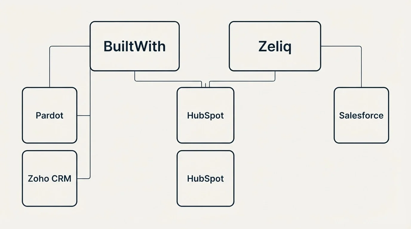 Integration grid: Integration Ecosystem (BuiltWith, Zeliq, HubSpot, Pardot)