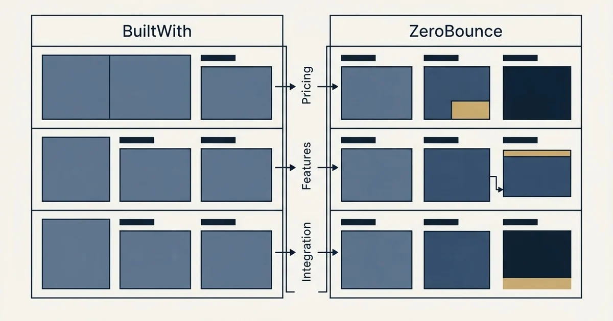 Comparison panel: BuiltWith vs ZeroBounce (Pricing, Features, Integration)