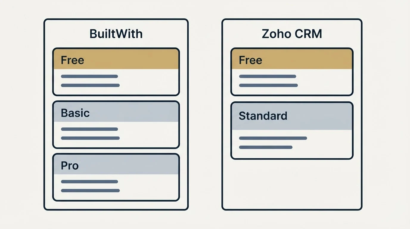 Pricing panels: Pricing Comparison (BuiltWith, Zoho CRM, Free, Basic)