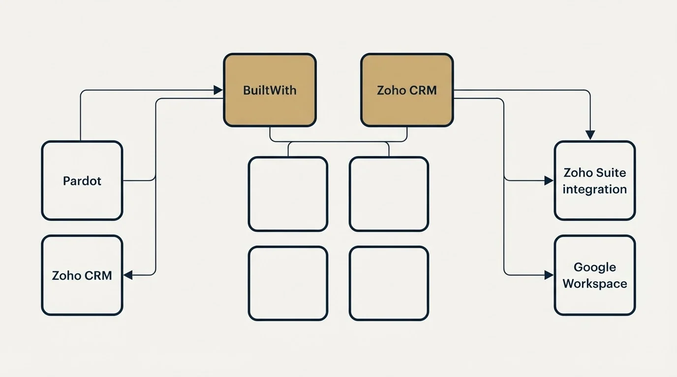 Integration grid: Integration Ecosystem (BuiltWith, Zoho CRM, Pardot, Zoho Suite integration)