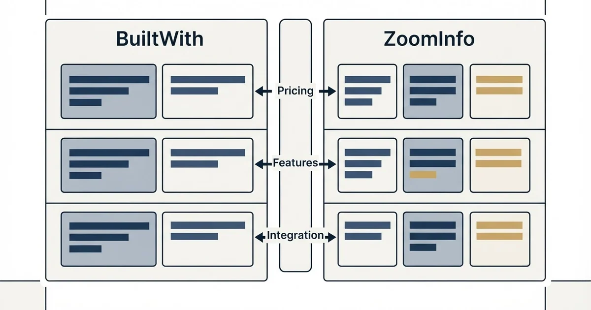 Comparison panel: BuiltWith vs ZoomInfo (Pricing, Features, Integration)