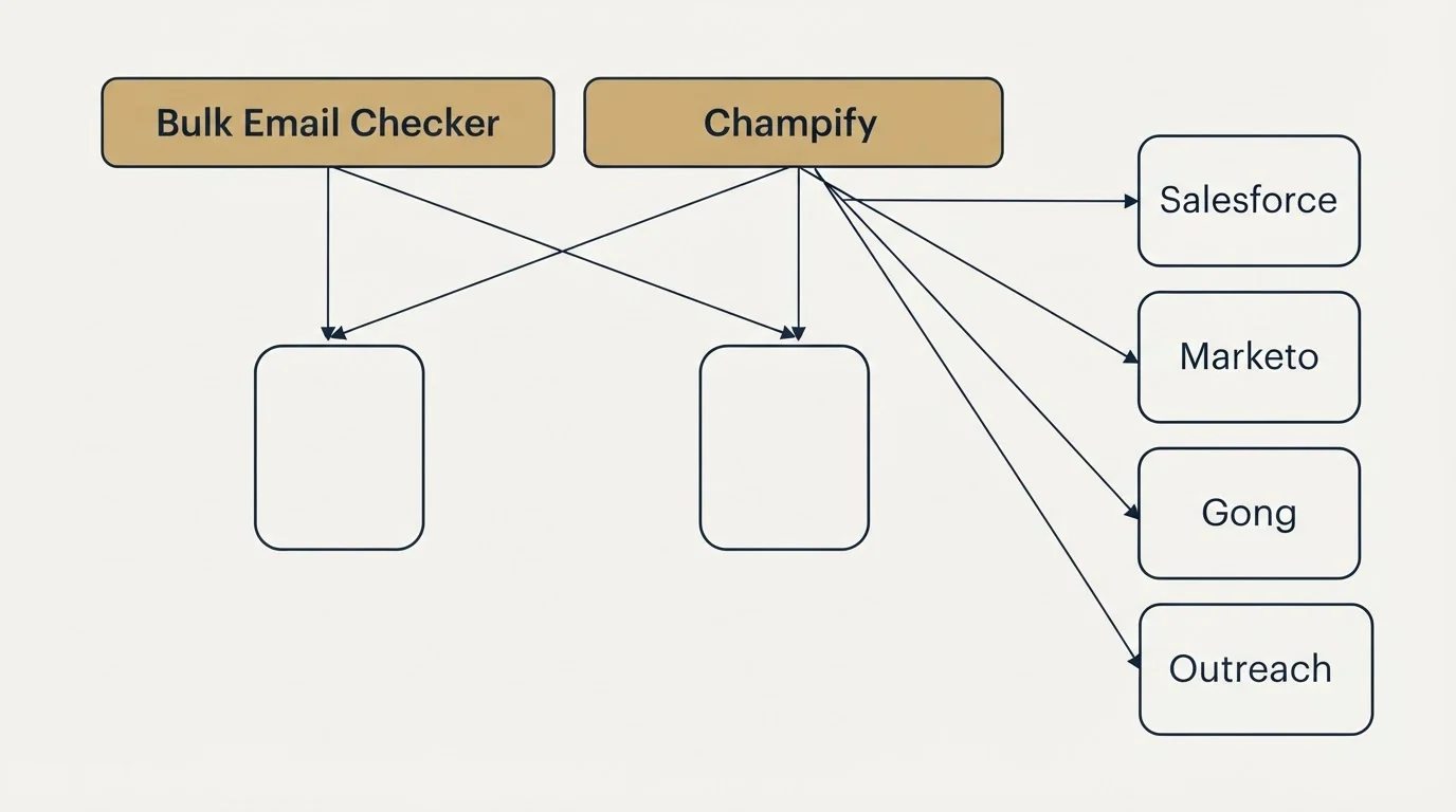 Integration grid: Integration Ecosystem (Bulk Email Checker, Champify, Salesforce, Marketo)