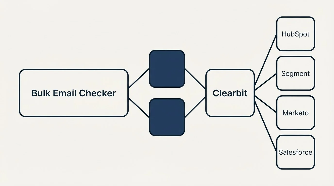 Integration schematic: Integration Ecosystem (Bulk Email Checker, Clearbit, HubSpot, Segment)