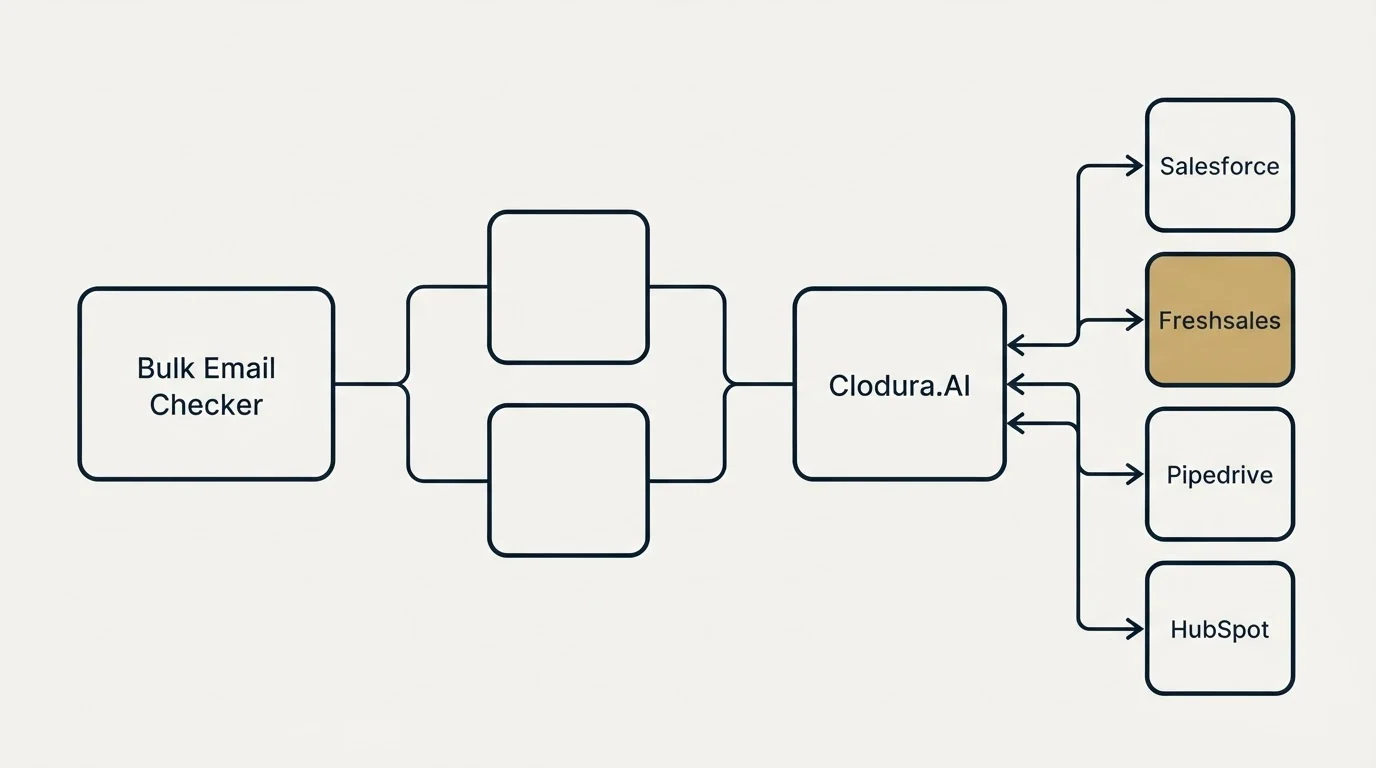 Integration schematic: Integration Ecosystem (Bulk Email Checker, Clodura.AI, Salesforce, Freshsales)