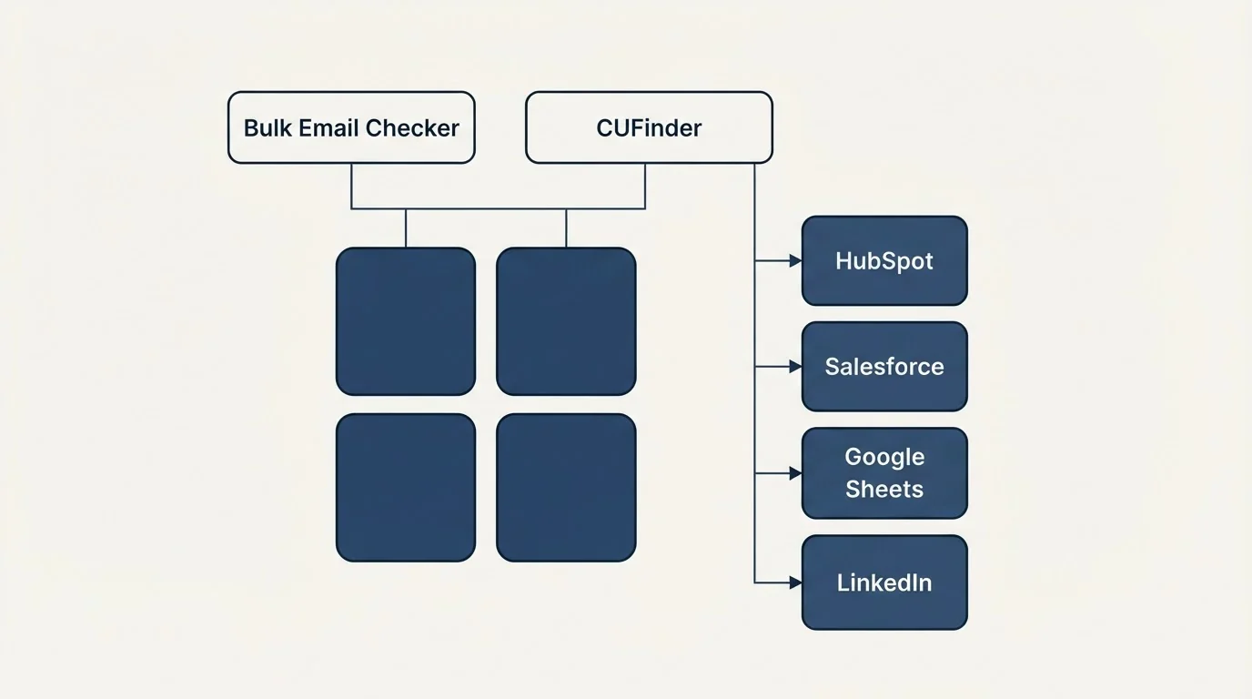 Integration grid: Integration Ecosystem (Bulk Email Checker, CUFinder, HubSpot, Salesforce)