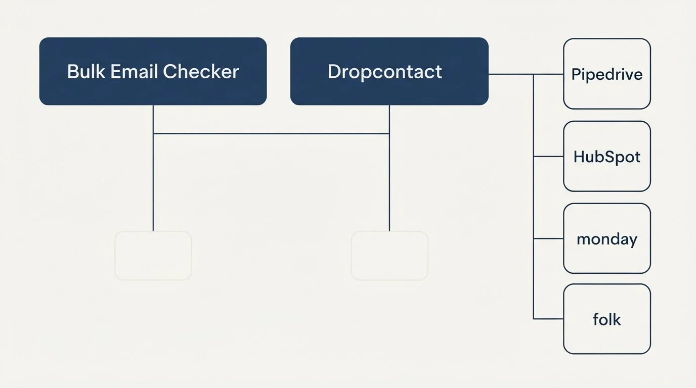 Integration grid: Integration Ecosystem (Bulk Email Checker, Dropcontact, Pipedrive, HubSpot)
