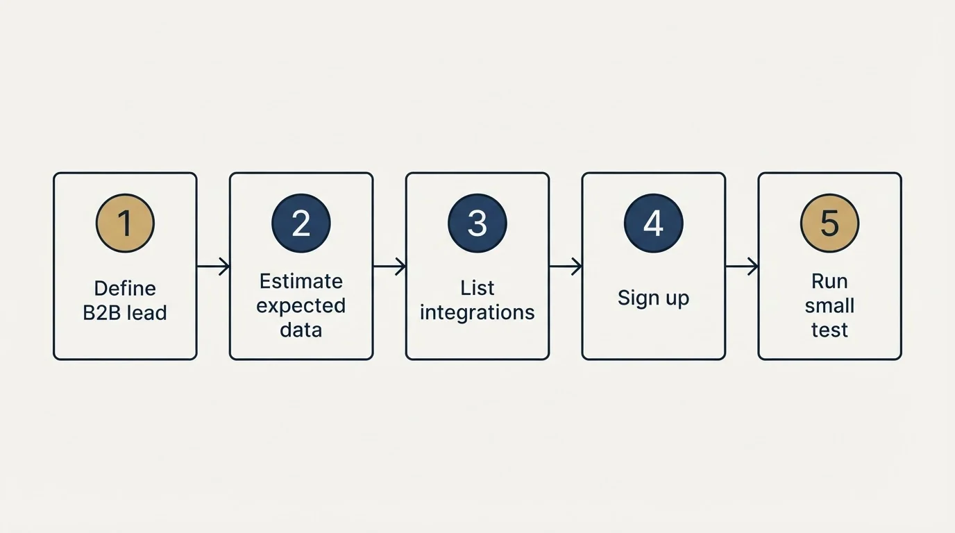 Step sequence: Getting Started Checklist (Define B2B lead, Estimate expected data, List integrations, Sign up)