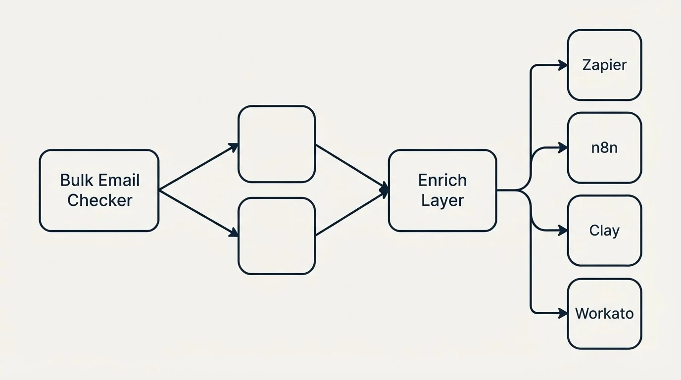 Integration schematic: Integration Ecosystem (Bulk Email Checker, Enrich Layer, Zapier, n8n)