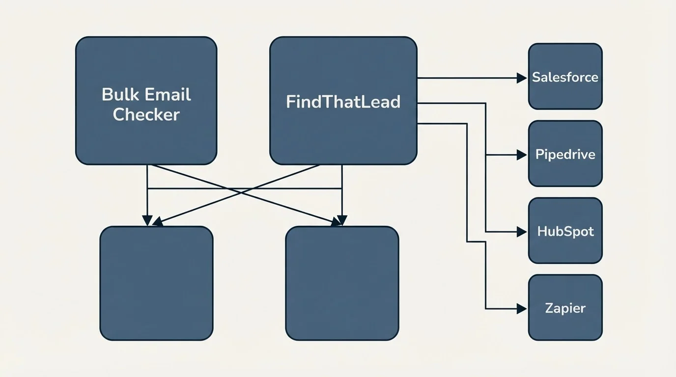 Integration grid: Integration Ecosystem (Bulk Email Checker, FindThatLead, Salesforce, Pipedrive)