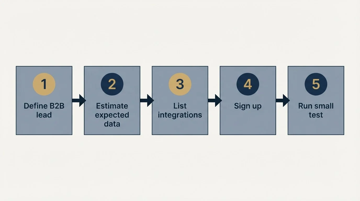 Step sequence: Getting Started Checklist (Define B2B lead, Estimate expected data, List integrations, Sign up)