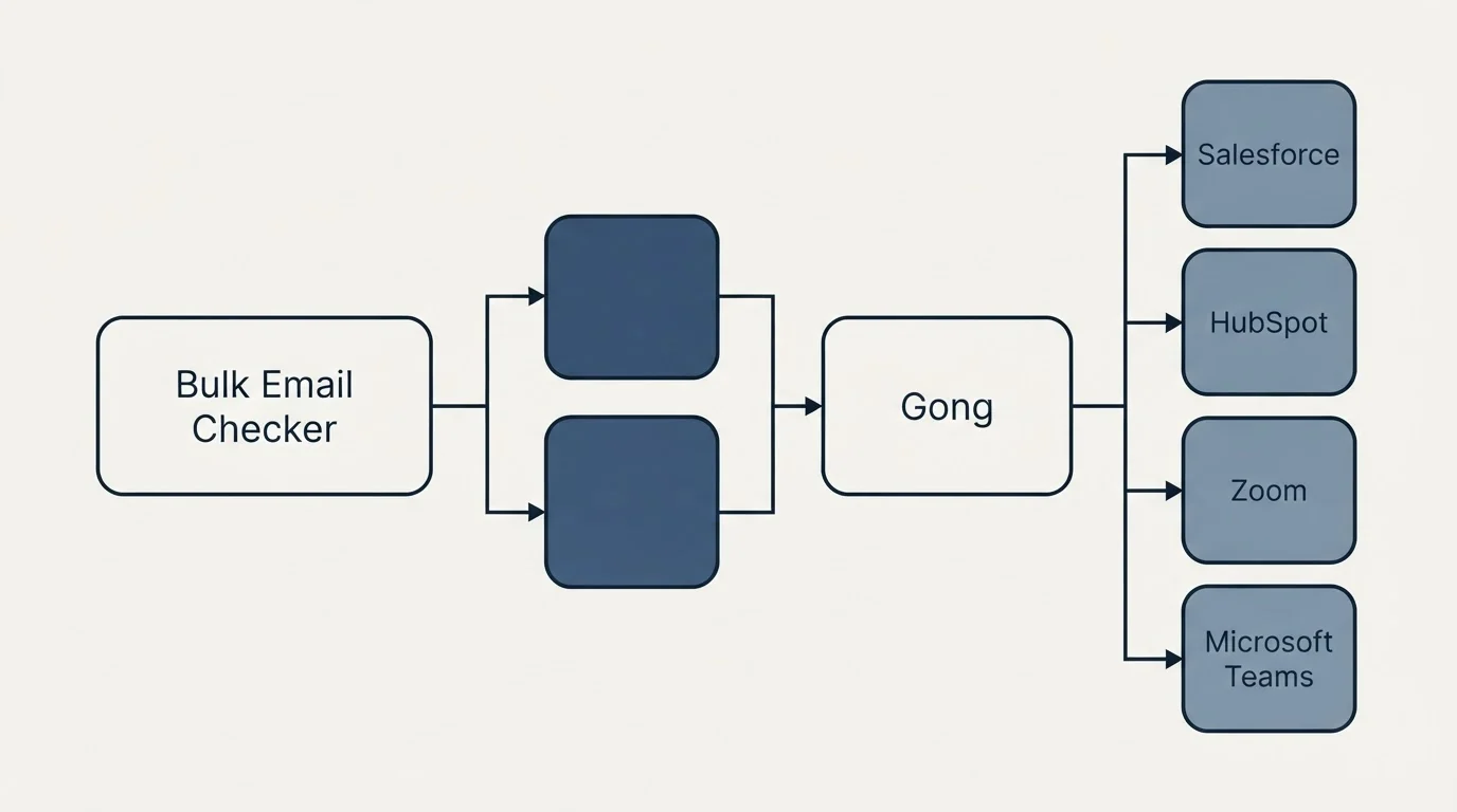 Integration flow: Integration Ecosystem (Bulk Email Checker, Gong, Salesforce, HubSpot)