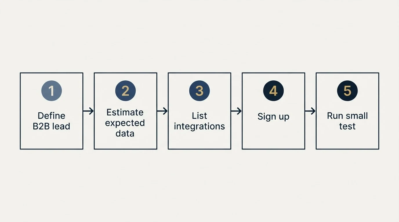 Step sequence: Getting Started Checklist (Define B2B lead, Estimate expected data, List integrations, Sign up)