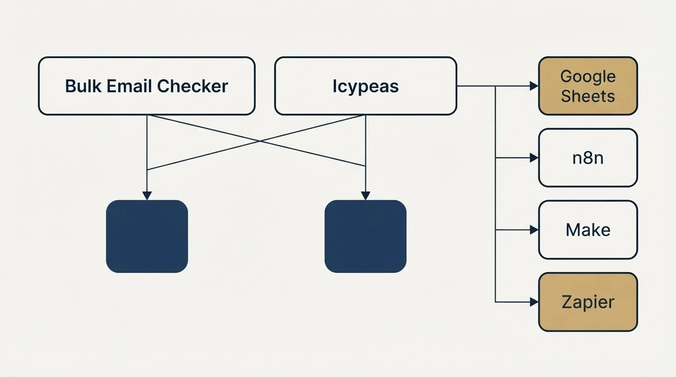 Integration grid: Integration Ecosystem (Bulk Email Checker, Icypeas, Google Sheets, n8n)