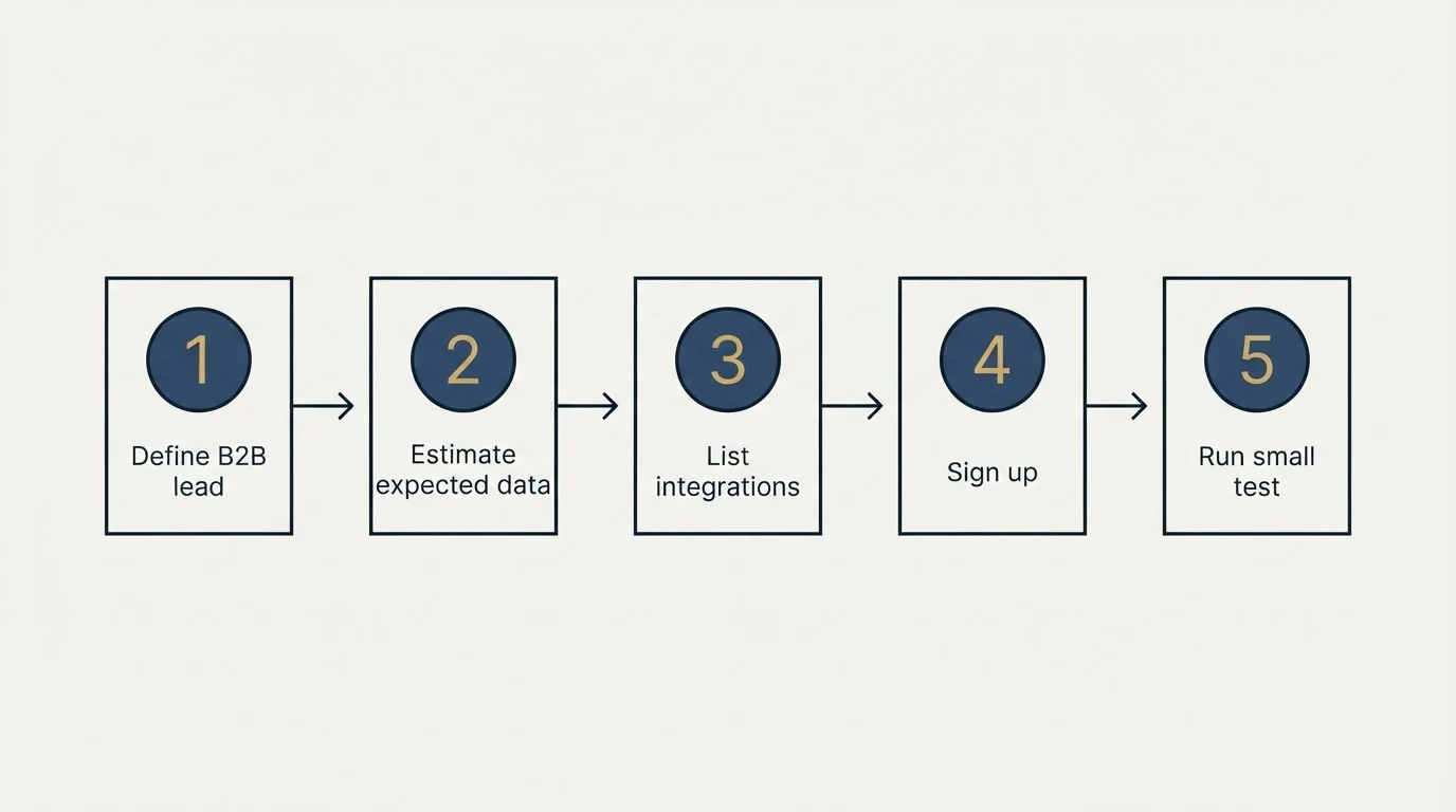 Step sequence: Getting Started Checklist (Define B2B lead, Estimate expected data, List integrations, Sign up)