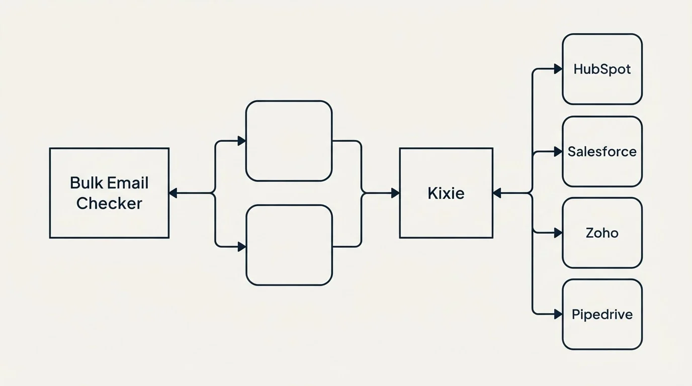 Integration schematic: Integration Ecosystem (Bulk Email Checker, Kixie, HubSpot, Salesforce)