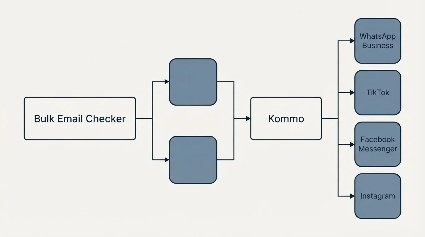 Integration flow: Integration Ecosystem (Bulk Email Checker, Kommo, WhatsApp Business, TikTok)