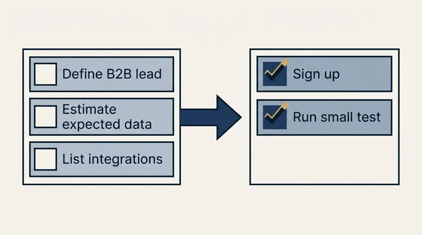 Before-and-after steps: Getting Started Checklist (Define B2B lead, Estimate expected data, List integrations, Sign up)