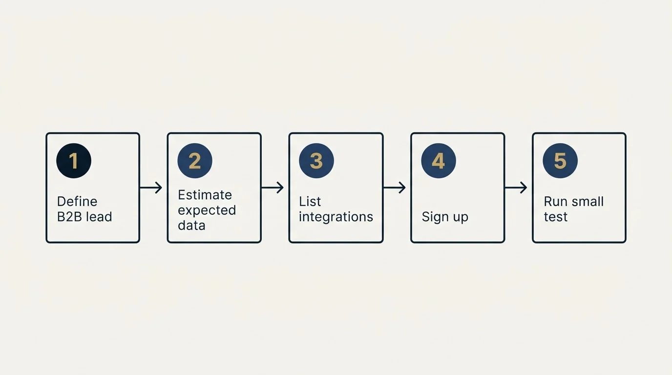 Step sequence: Getting Started Checklist (Define B2B lead, Estimate expected data, List integrations, Sign up)