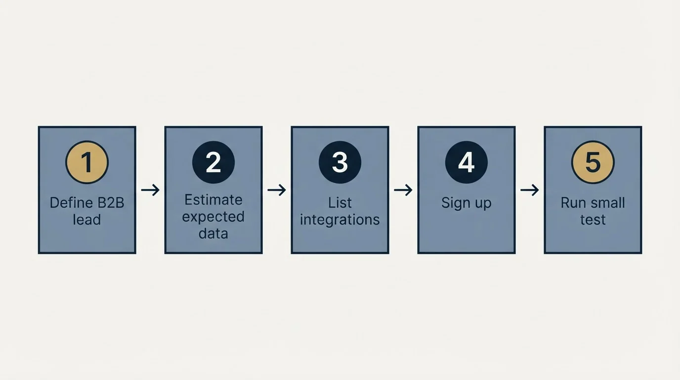 Step sequence: Getting Started Checklist (Define B2B lead, Estimate expected data, List integrations, Sign up)