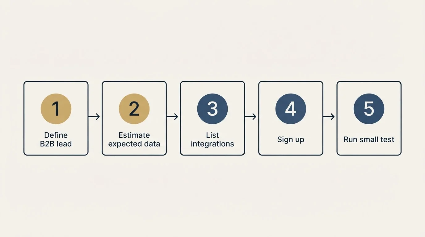 Step sequence: Getting Started Checklist (Define B2B lead, Estimate expected data, List integrations, Sign up)