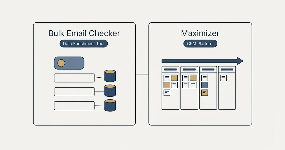 Side-by-side panels: Bulk Email Checker vs Maximizer (Data Enrichment Tool, CRM Platform)