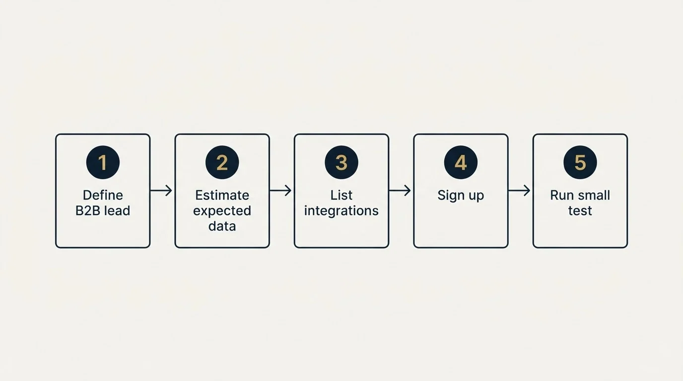 Step sequence: Getting Started Checklist (Define B2B lead, Estimate expected data, List integrations, Sign up)