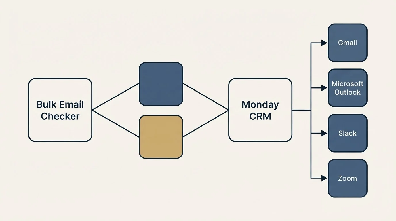 Integration schematic: Integration Ecosystem (Bulk Email Checker, Monday CRM, Gmail, Microsoft Outlook)