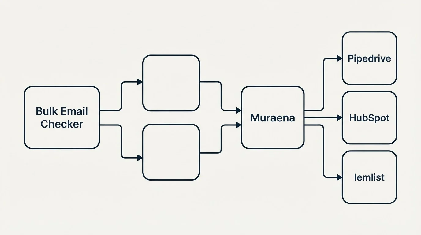 Integration flow: Integration Ecosystem (Bulk Email Checker, Muraena, Pipedrive, HubSpot)