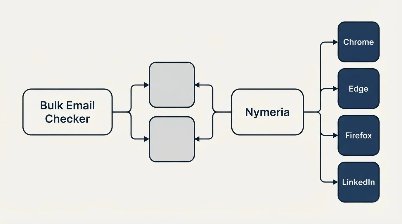 Integration schematic: Integration Ecosystem (Bulk Email Checker, Nymeria, Chrome, Edge)