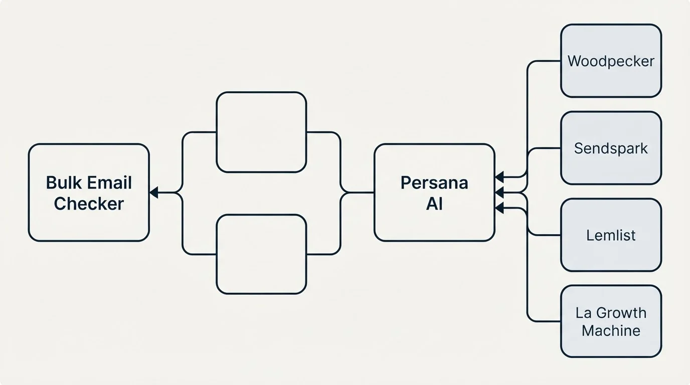 Integration schematic: Integration Ecosystem (Bulk Email Checker, Persana AI, Woodpecker, Sendspark)