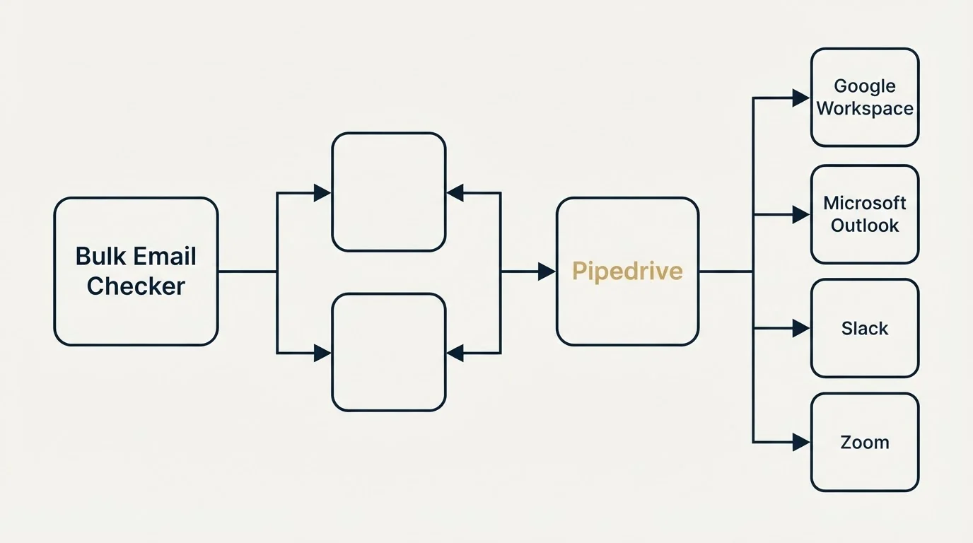 Integration flow: Integration Ecosystem (Bulk Email Checker, Pipedrive, Google Workspace, Microsoft Outlook)
