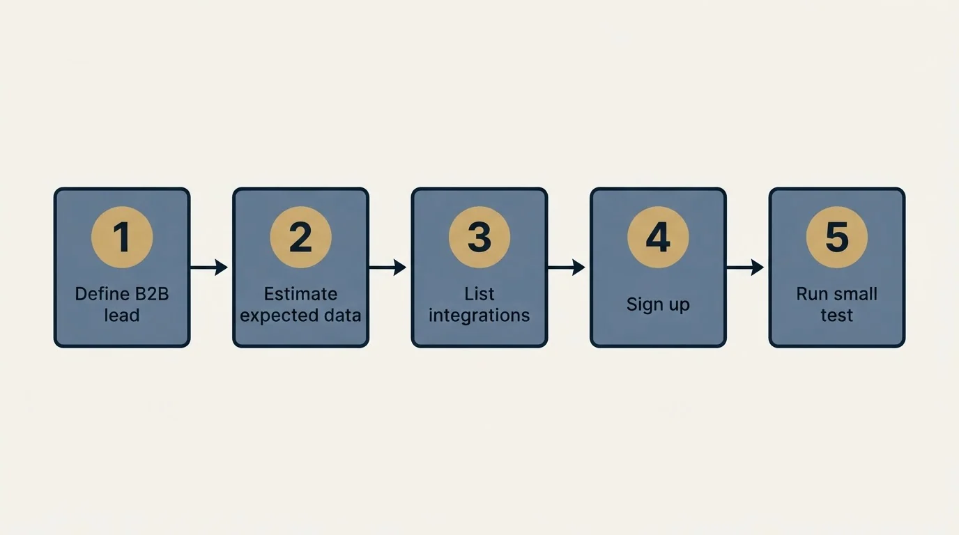 Step sequence: Getting Started Checklist (Define B2B lead, Estimate expected data, List integrations, Sign up)