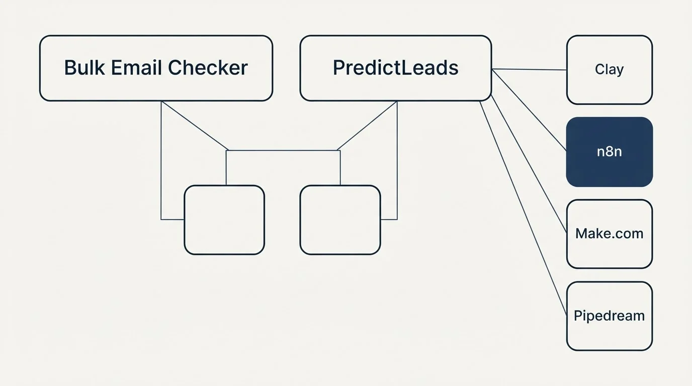 Integration grid: Integration Ecosystem (Bulk Email Checker, PredictLeads, Clay, n8n)