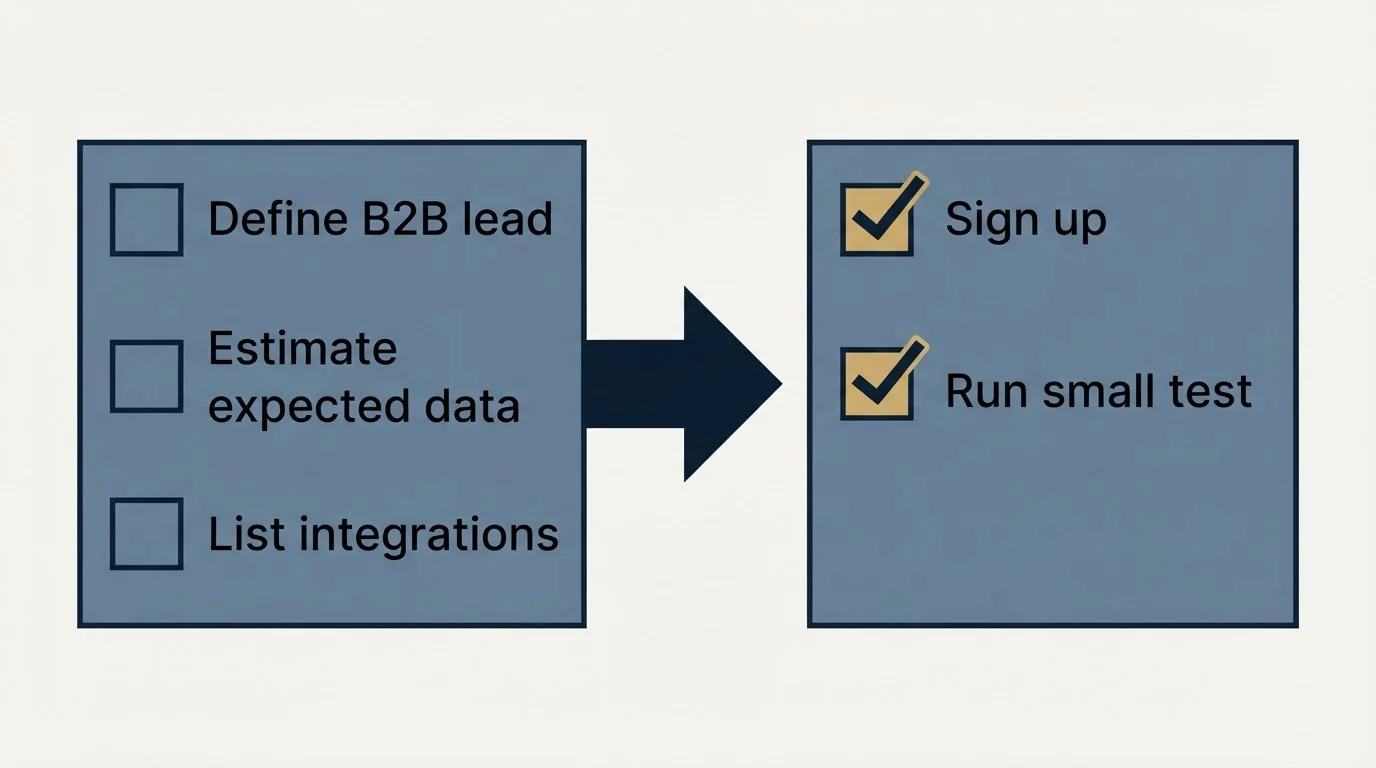 Before-and-after steps: Getting Started Checklist (Define B2B lead, Estimate expected data, List integrations, Sign up)