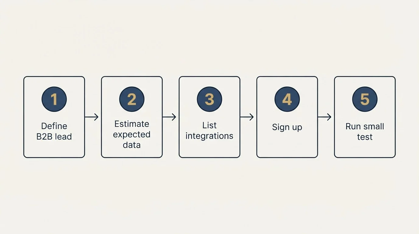 Step sequence: Getting Started Checklist (Define B2B lead, Estimate expected data, List integrations, Sign up)