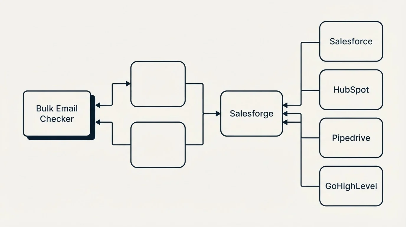 Integration flow: Integration Ecosystem (Bulk Email Checker, Salesforge, Salesforce, HubSpot)