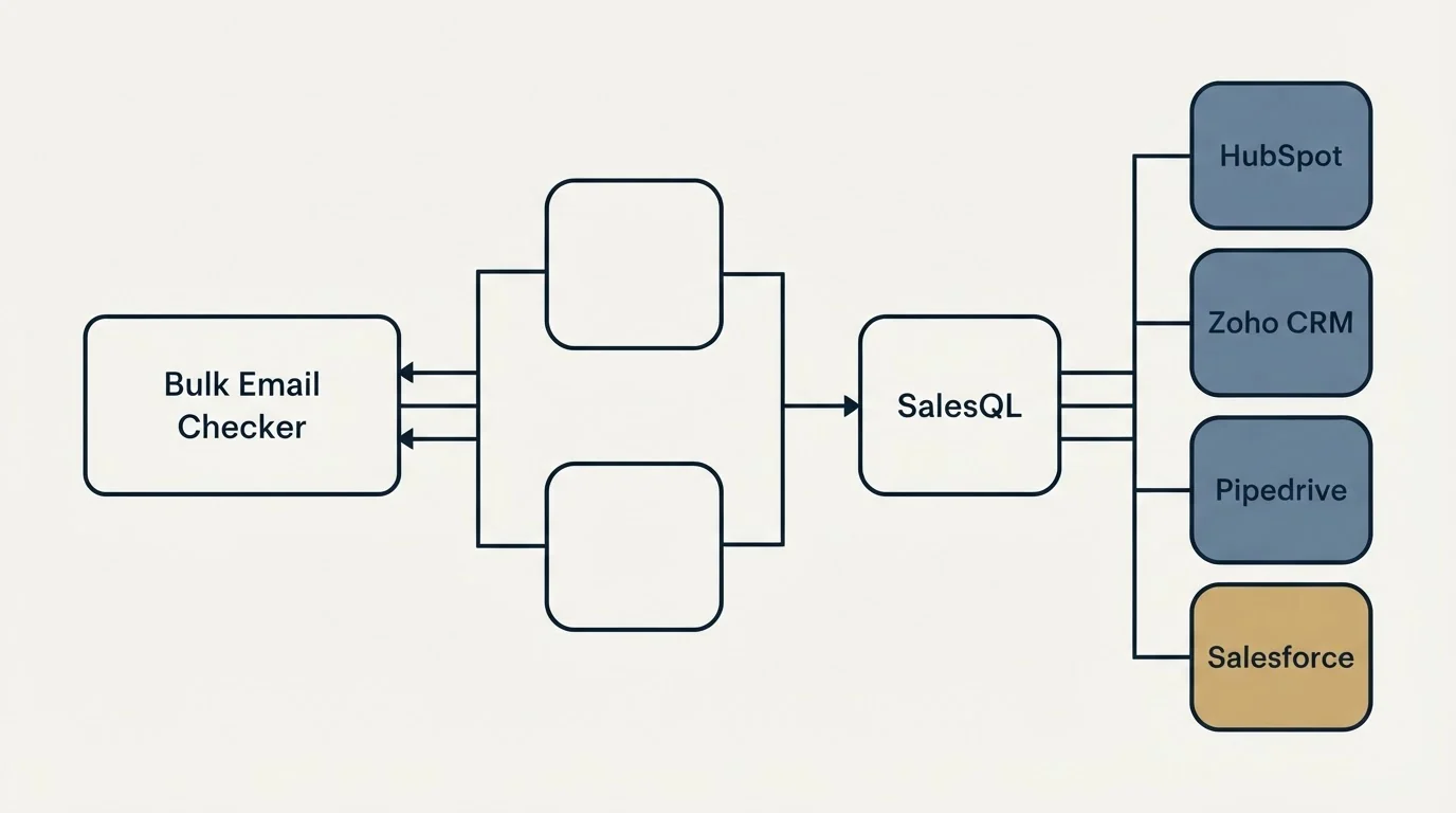 Integration flow: Integration Ecosystem (Bulk Email Checker, SalesQL, HubSpot, Zoho CRM)