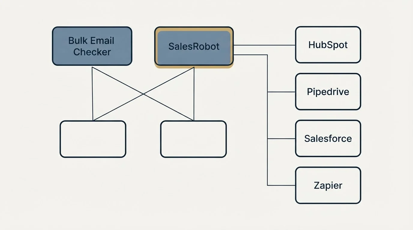 Integration grid: Integration Ecosystem (Bulk Email Checker, SalesRobot, HubSpot, Pipedrive)
