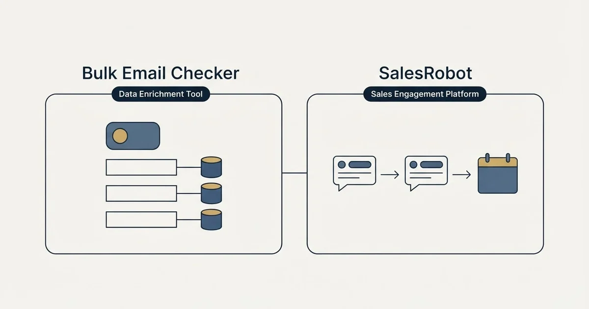 Side-by-side panels: Bulk Email Checker vs SalesRobot (Data Enrichment Tool, Sales Engagement Platform)