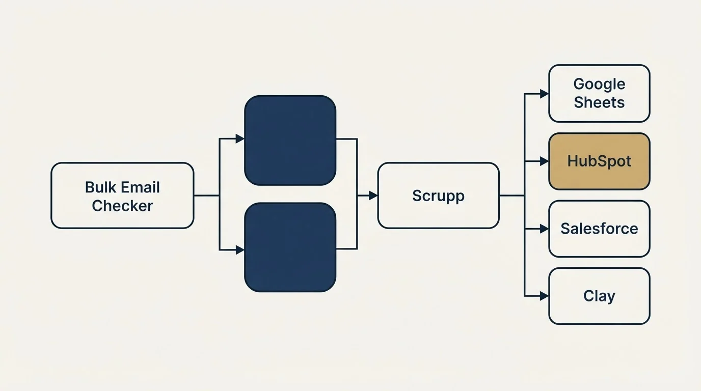 Integration flow: Integration Ecosystem (Bulk Email Checker, Scrupp, Google Sheets, HubSpot)