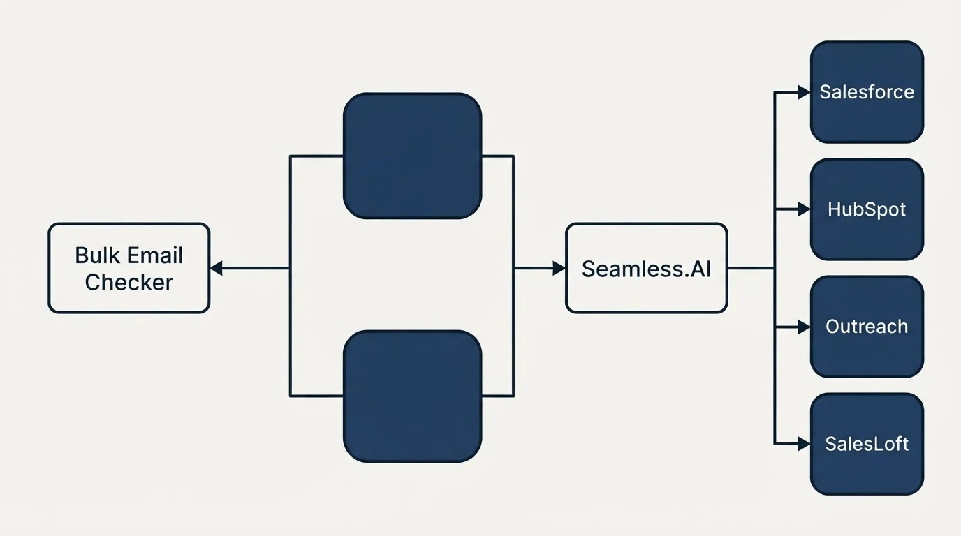 Integration flow: Integration Ecosystem (Bulk Email Checker, Seamless.AI, Salesforce, HubSpot)