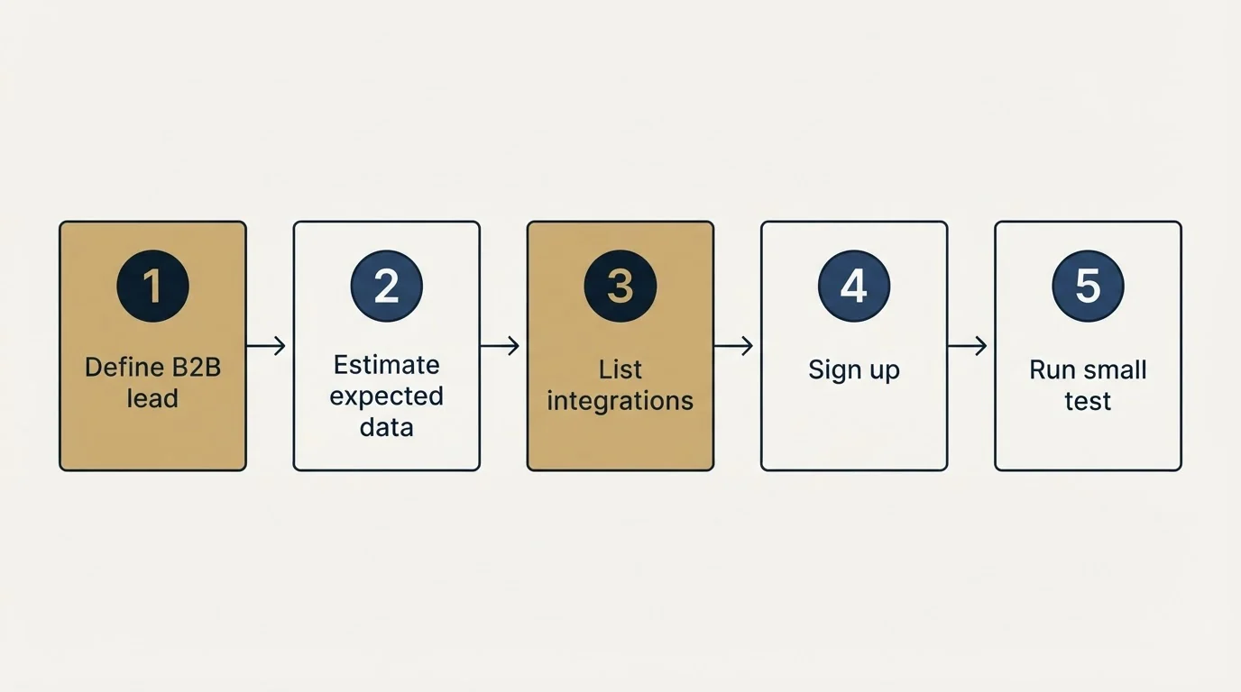 Step sequence: Getting Started Checklist (Define B2B lead, Estimate expected data, List integrations, Sign up)