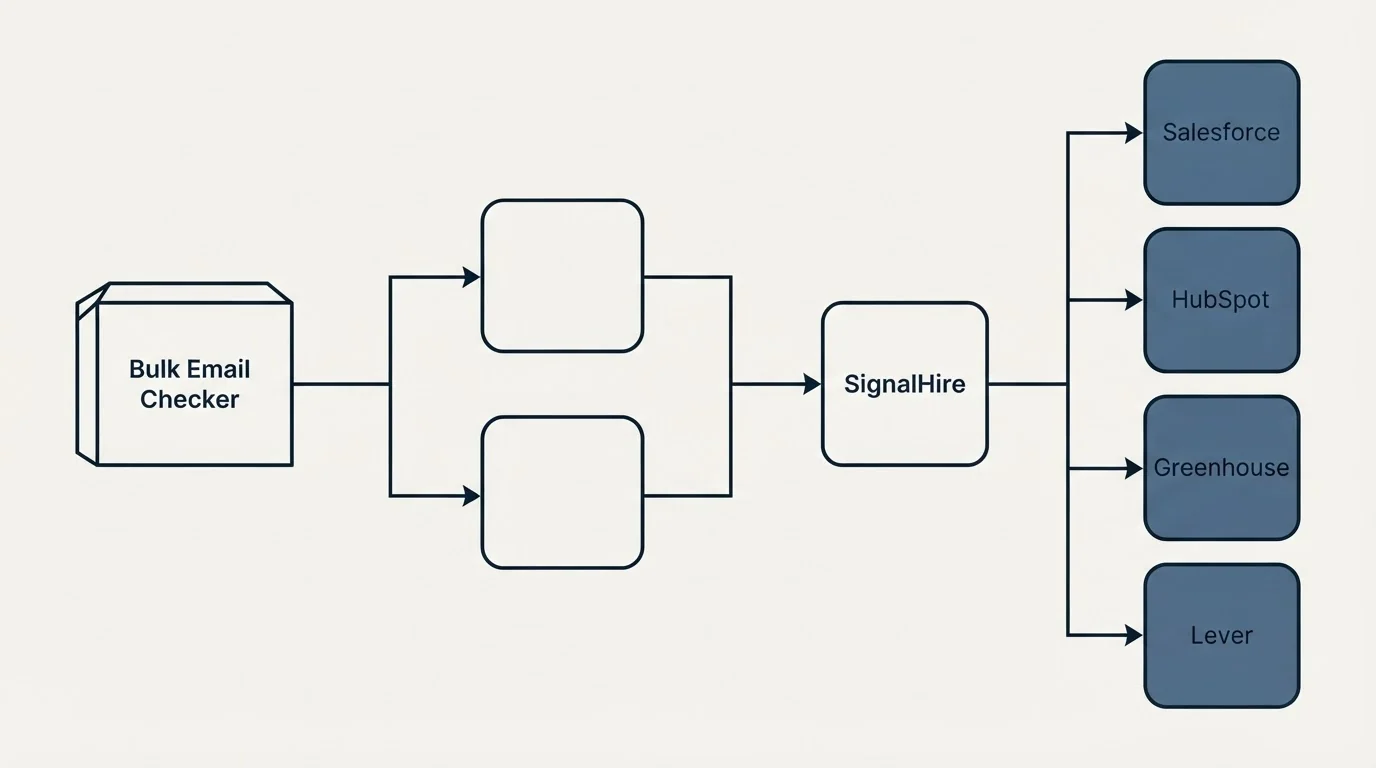 Integration flow: Integration Ecosystem (Bulk Email Checker, SignalHire, Salesforce, HubSpot)