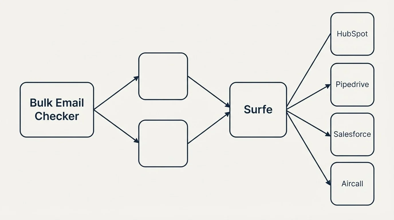 Integration schematic: Integration Ecosystem (Bulk Email Checker, Surfe, HubSpot, Pipedrive)