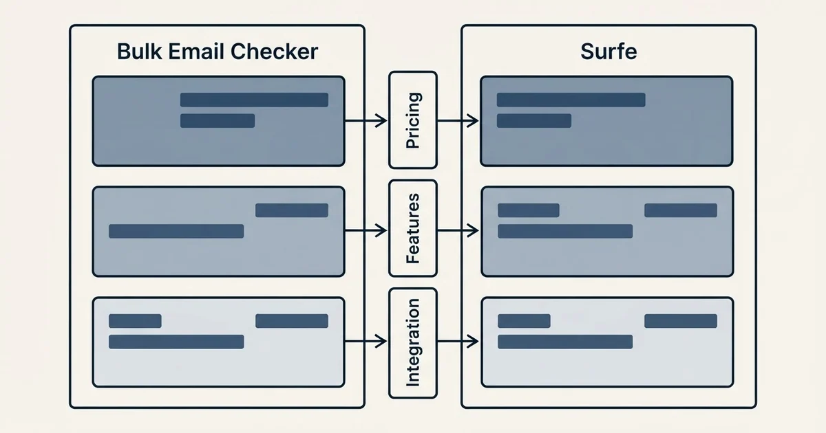 Comparison panel: Bulk Email Checker vs Surfe (Pricing, Features, Integration)