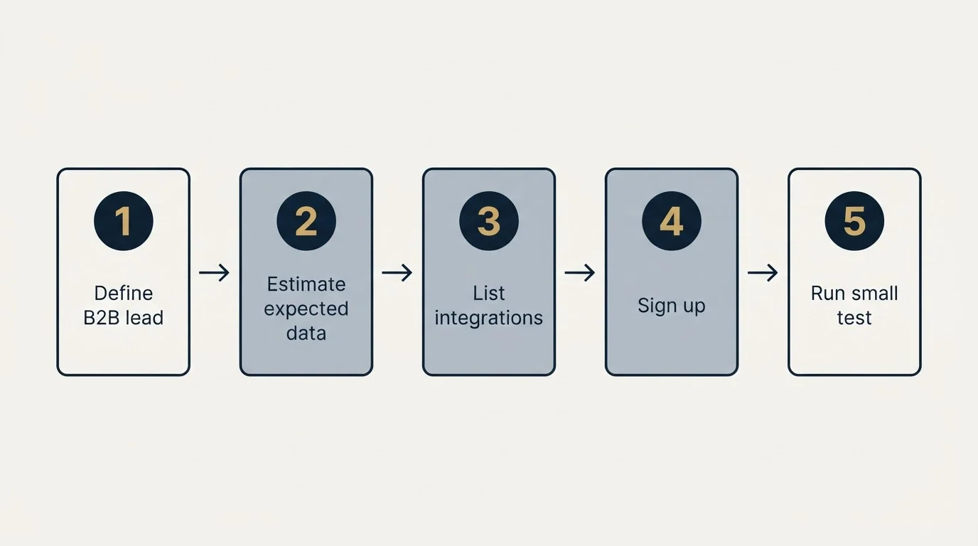 Step sequence: Getting Started Checklist (Define B2B lead, Estimate expected data, List integrations, Sign up)